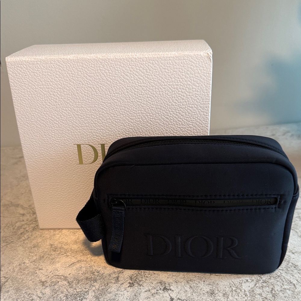 Dior Black Embossed Logo Travel Toiletry Pouch